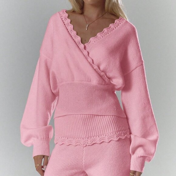 Sweaters - Pink Casual Women's Soft Crochet Knit Long Sleeve Top